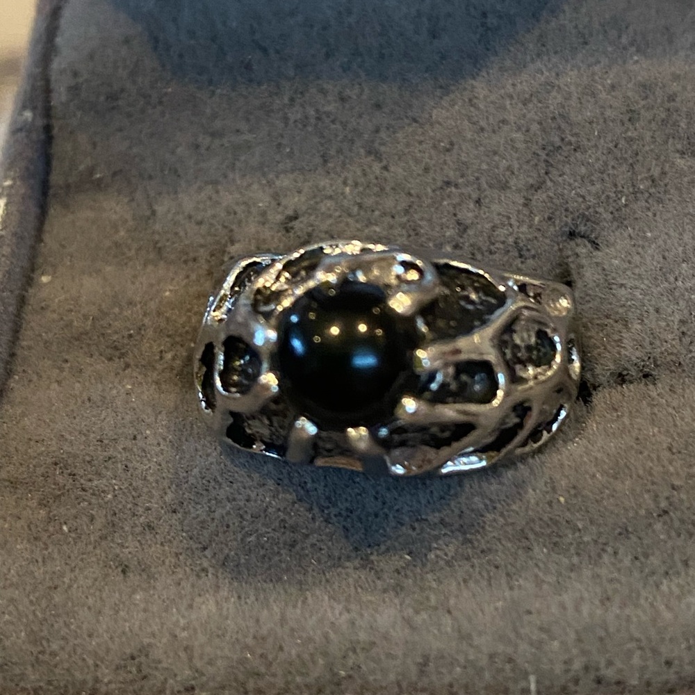 ‘Tree’ sterling silver ring with obsidian dome